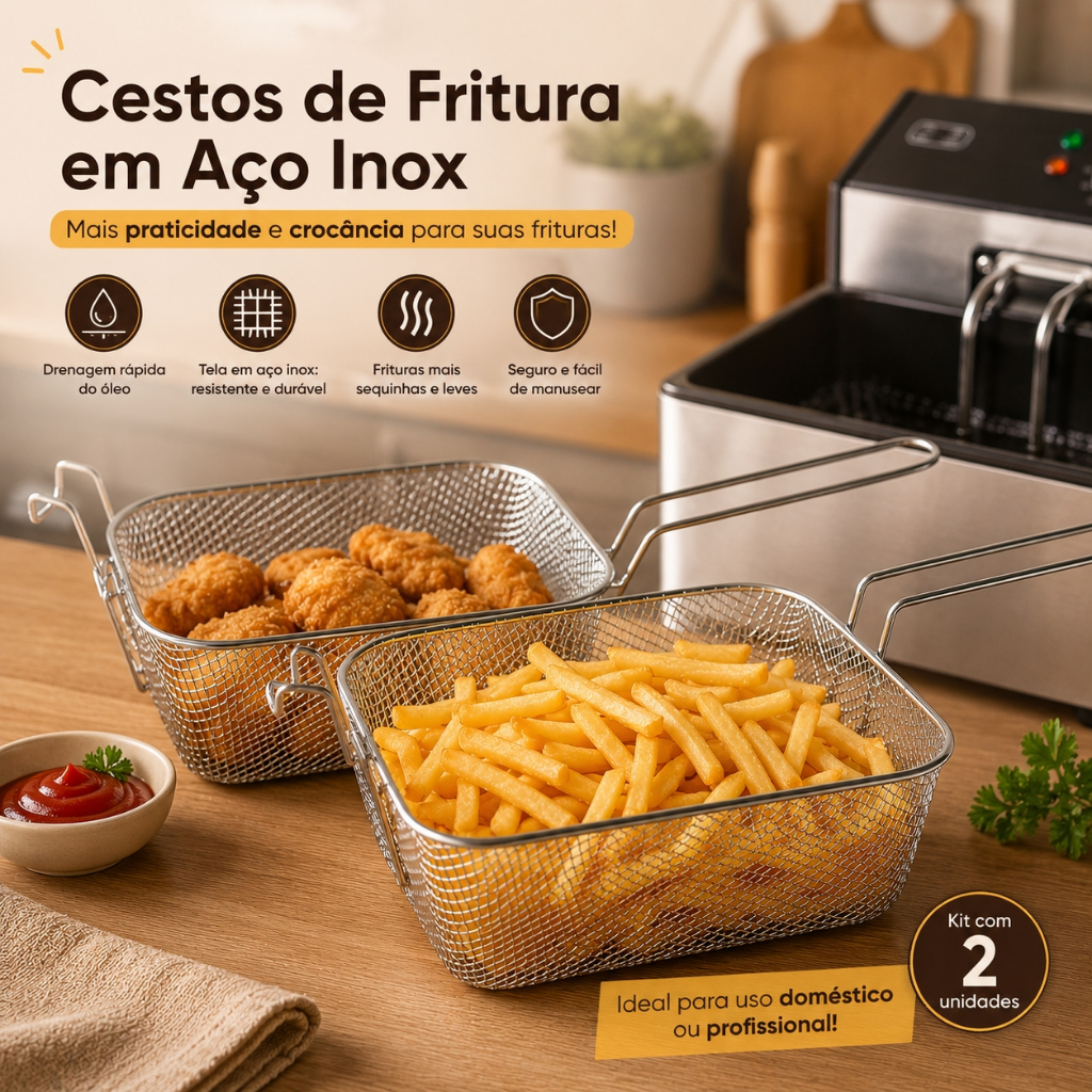 Kit 2 Cestos Fritura Retangular Grande Inox 5 Litros 23x18x8 Fritadeira Óleo Profissional Cozinha