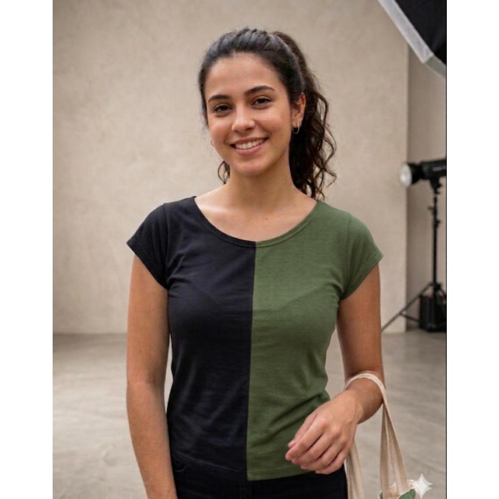 Blusa Feminina Casual Em Viscolycra Estilo Bicolor Moderna Manga Curta