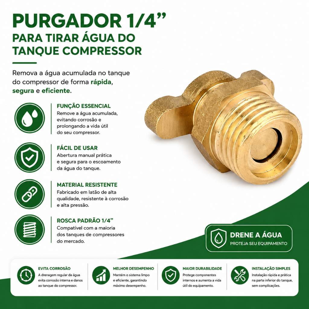 Kit 2 Dreno Purgador 1/4 para tirar água do tanque compressor
