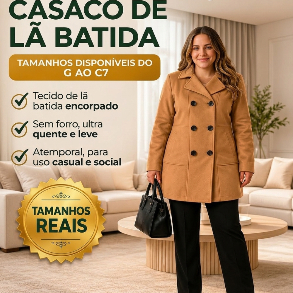 Sobretudo Feminino Plus Size Lã Batida Com Elastano