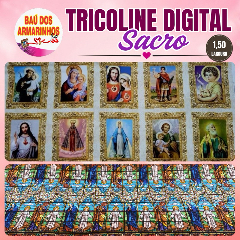 Tricoline Digital Religioso Santos 1,50m larg – 70cm - 100% Algodão - Artesanato e Costura Criativa