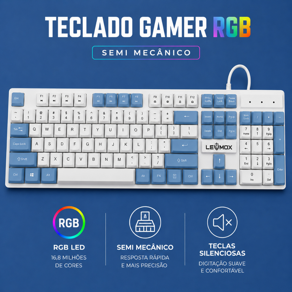 Teclado gamer silencioso para jogos semi mecanico azul com RGB