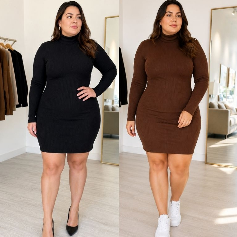 Vestido Feminino Gola Alta Manga Longa Plus Size Anarruga