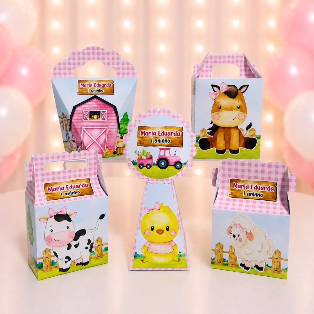 Kit 50 Caixas Personalizadas Fazendinha Rosa (PEGUE E MONTE) - kit festa - lembrancinha -  caixinhas personalizadas