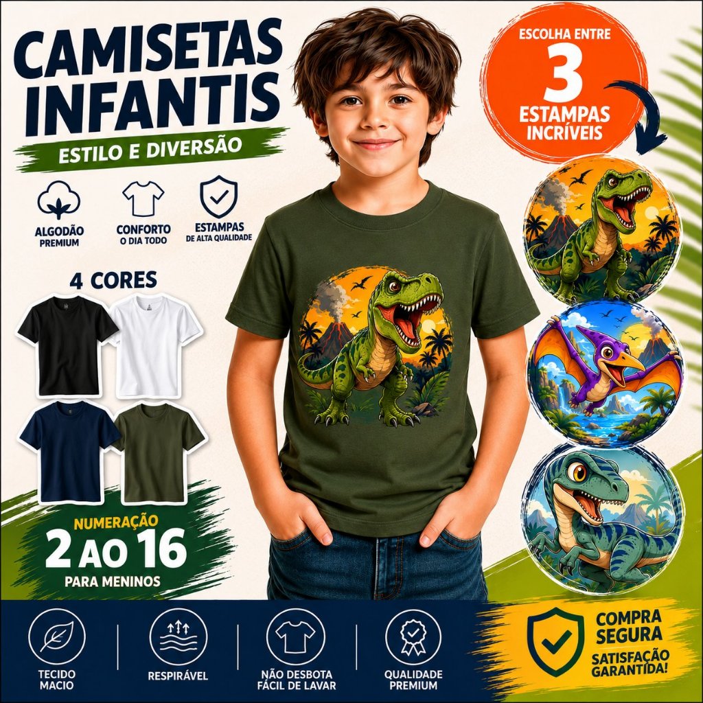 Camiseta Infantil Masculina Estampa Dinossauro Divertida Premium