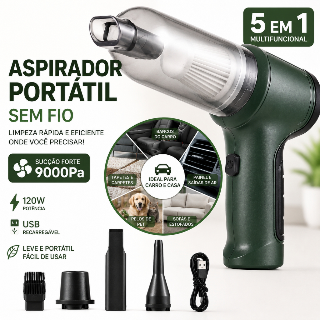 Aspirador de Pó Portátil Sem Fio 5 em 1 9000Pa Recarregável USB 120W Para Carro Casa Pelos de Pet