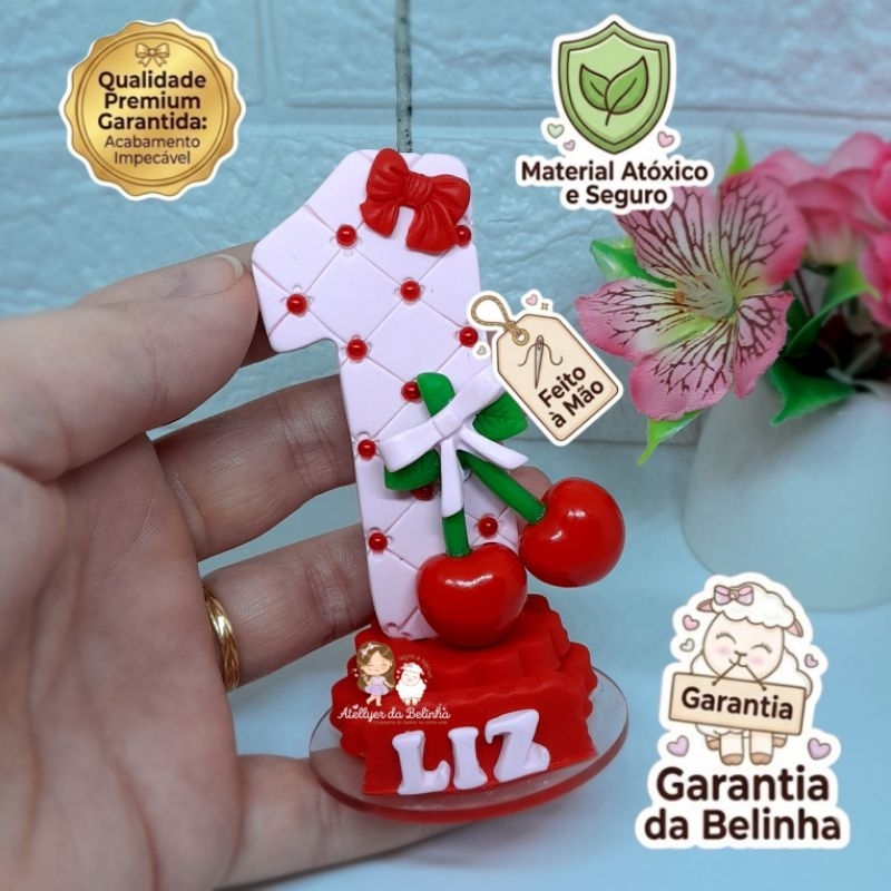 vela cerejinha 1 ano com o nome personalizado do 1 ao 9