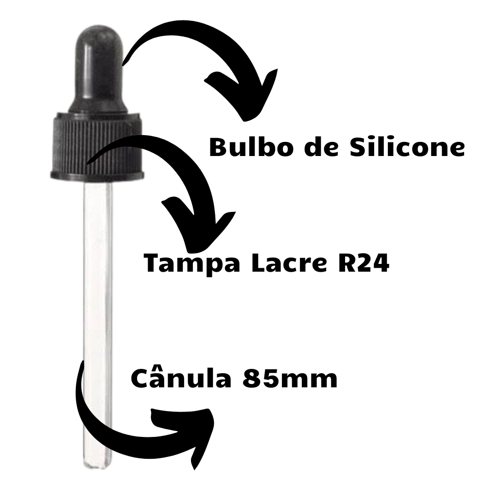 Conta Gotas Rosca R24, Cânula 85mm, Bulbo E Tampa Preta ou Branca - 100 Unidades