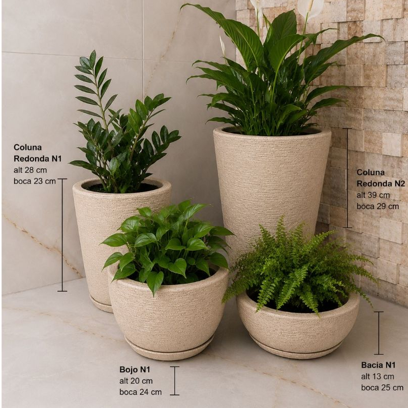 Kit 4 Vasos Escovado Coluna Redonda N1 N2 Bojo N1 e Bacia Em Polietileno Para Plantas ou Flores