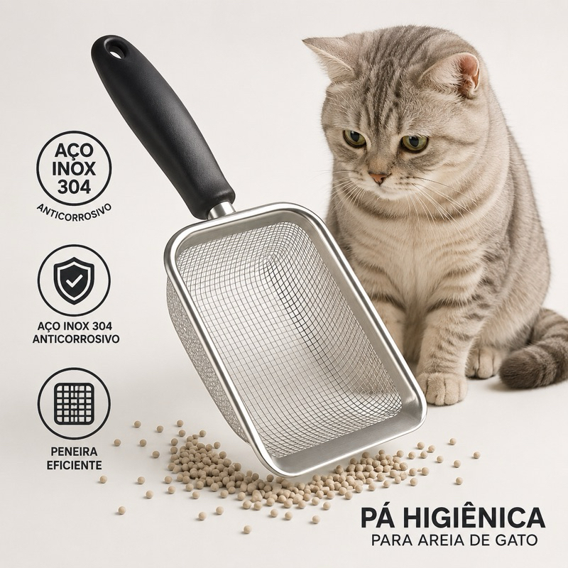 Pá Higiênica para Areia de Gato com Peneira Coletora em Aço Inox