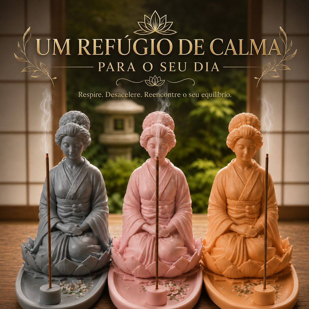 Imagem Porta Incenso Incensário Gueixa Decoração Zen Yoga Meditação Aromaterapia Cascata Fumaça Cores Kit