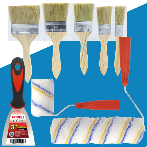 Kit Pintura Multiuso Pincel 5 Peças + Rolo 9"+ Rolo 4"+ Espátula 3" - Trincha Lã Anti Respingo