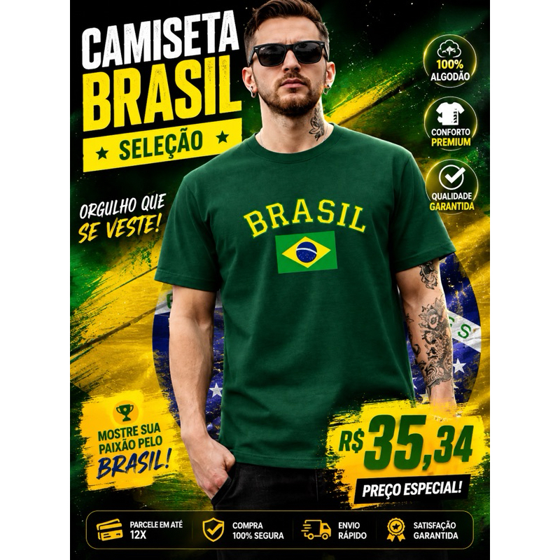 Camiseta Brasil Seleção Bandeira Masculina Algodão Copa do Mundo Estampada Unissex Estampadaa
