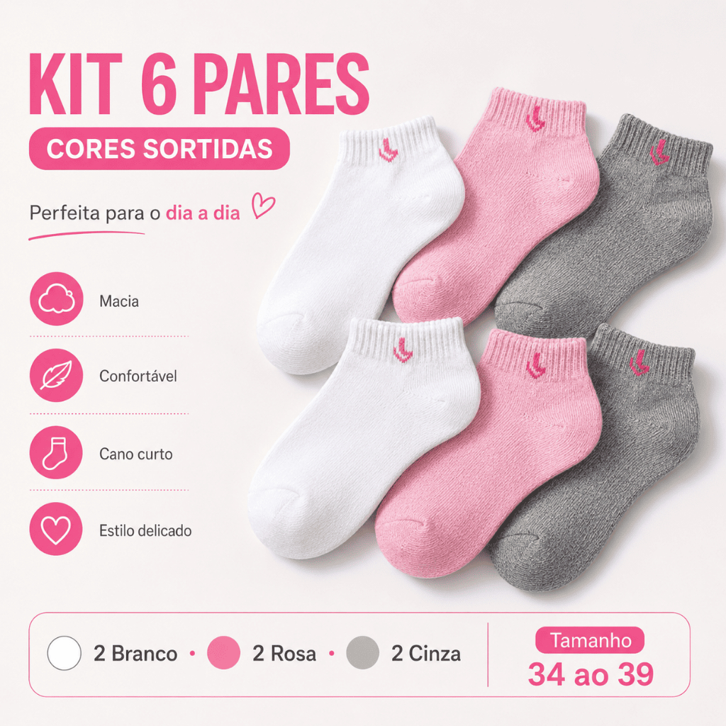Kit Econômico 6 Pares de Meias Soquete em Algodão Uso Diário Feminina Unissex  - Trabalho e Academia