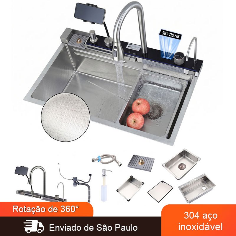 Kit Cuba Gourmet Premium Multifuncional Torneira Pia Smart 75x46cm 304 Aço Inox Complet Com suporte