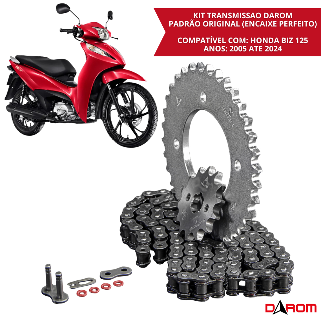 Kit Relação Transmissão Darom Biz 125 2005 a 2024 Com Retentor Corrente Coroa Pinhão