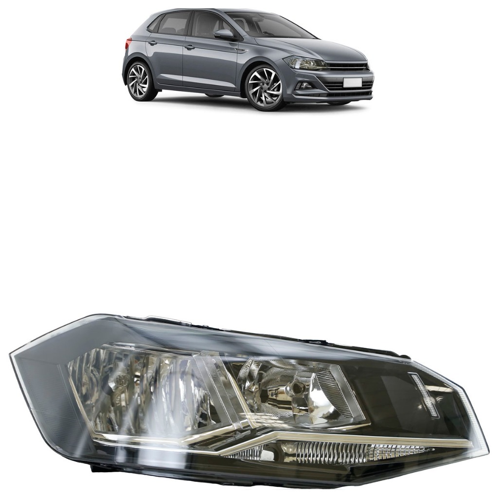 Farol Dianteiro Polo 2017 2018 2019 2020 2021 Máscara Negra Foco Duplo Friso Cromado Lente Lisa Acrilico