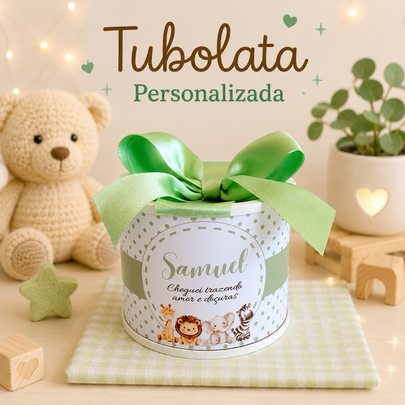 KIT TUBOLATA PERSONALIZADA 5x6 SAFARI - LEMBRANCINHA - CHÁ DE BEBÊ - MATERNIDADE - FESTA - CHÁ REVELAÇÃO