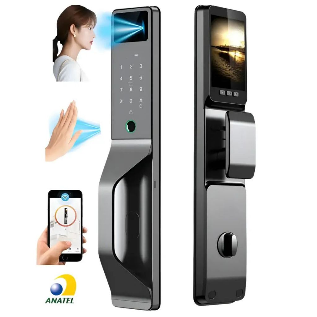 Fechadura Inteligente Reconhecimento Facial Impressão Digital Câmera e Tela Interna App Tuya Wi-fi