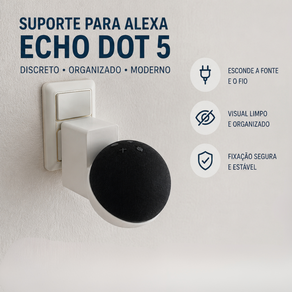 Suporte de Tomada para Alexa Echo Dot 5 | Organizador de Cabos | Esconde Fonte e Fio | Visual Clean