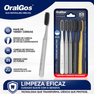 OralGos Escova de Dentes Carvão Ativado, 10000+ Cerdas Macias,Cabo Antiderrapante, Limpeza Profunda