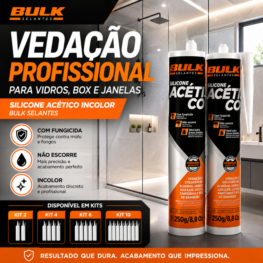 Kit Silicone Acético 250g Incolor Bulk Selante Vedação Vidro Metal Cozinha Banho 2 4 6 10