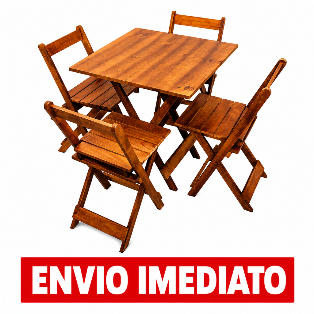 Conjunto Mesa 4 Cadeira Dobravel Madeira Maciça 70x70 Bar Restaurante Casa Area de Lazer