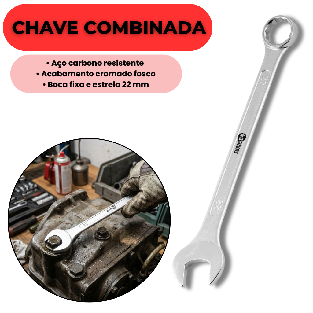 Chave Combinada 22mm Aço Carbono Cromada Fosca Industrial Para Porcas e Parafusos NOVE54 Top
