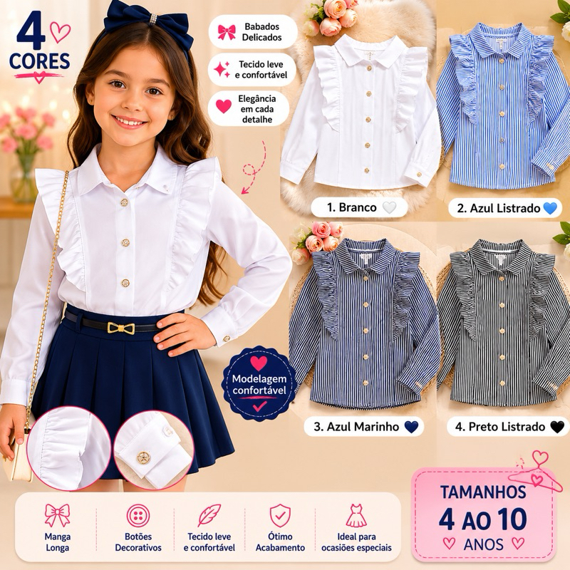 Blusa Social Infantil Manga Longa com Babados e Botões Luxo Menina 4 ao 10