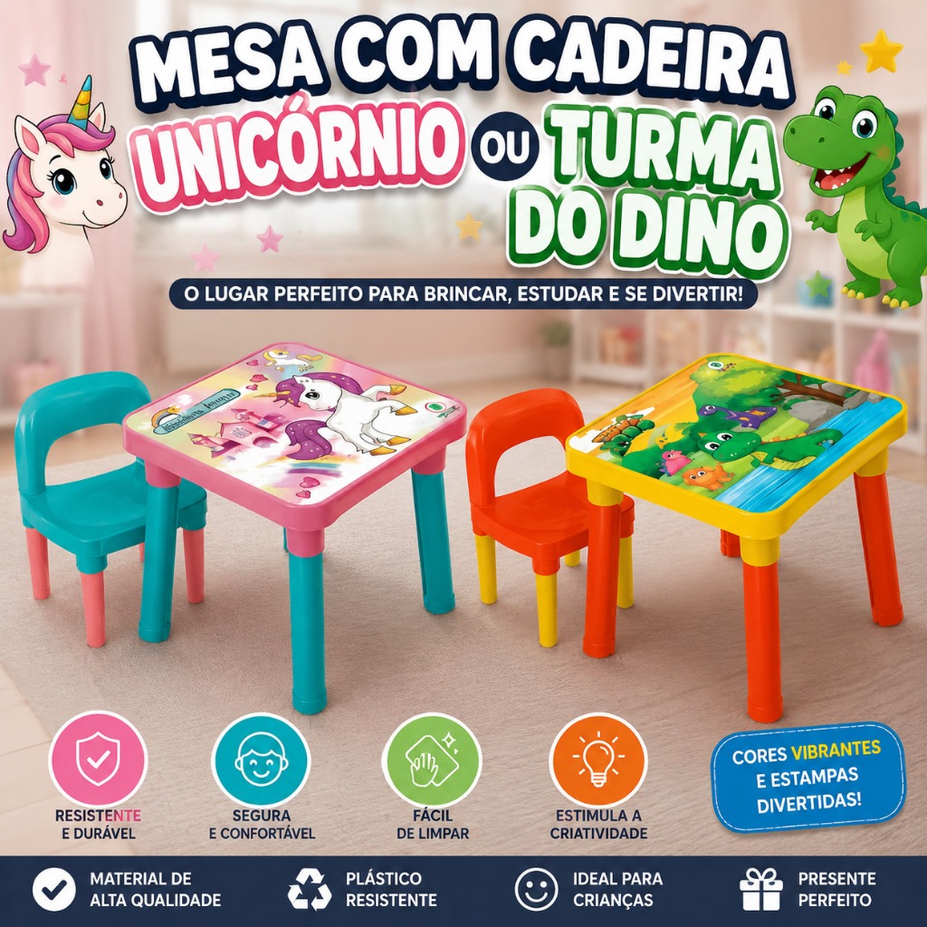 Kit Mesa e Cadeira Infantil • Unicórnio Mágico • Turma do Dino • Brincar e Estudar, refeições educar