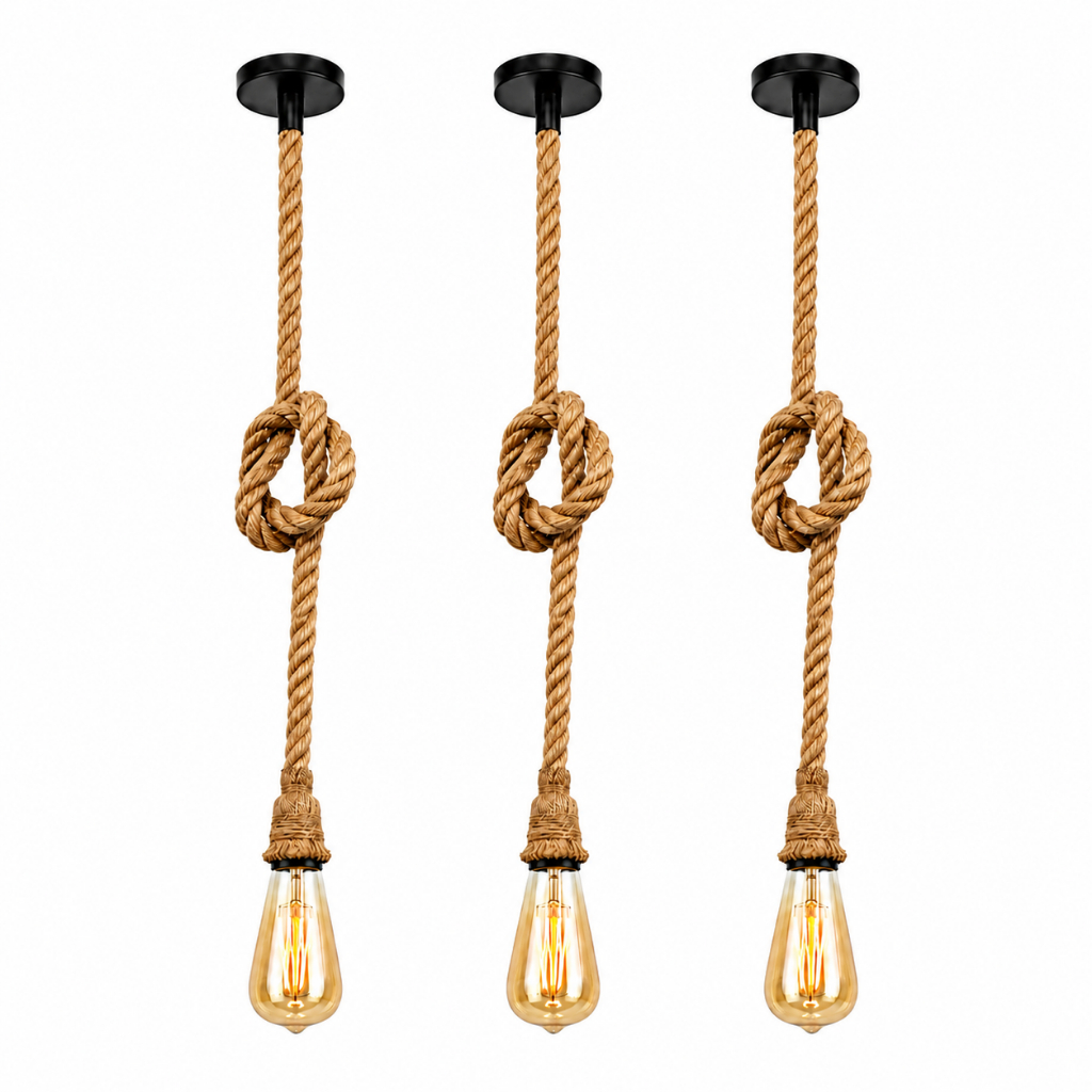 Kit 3 Pendente Lustre Luminária Vintage Corda Sisal Rústico Com Soquete Canopla De Metal Fio Teto