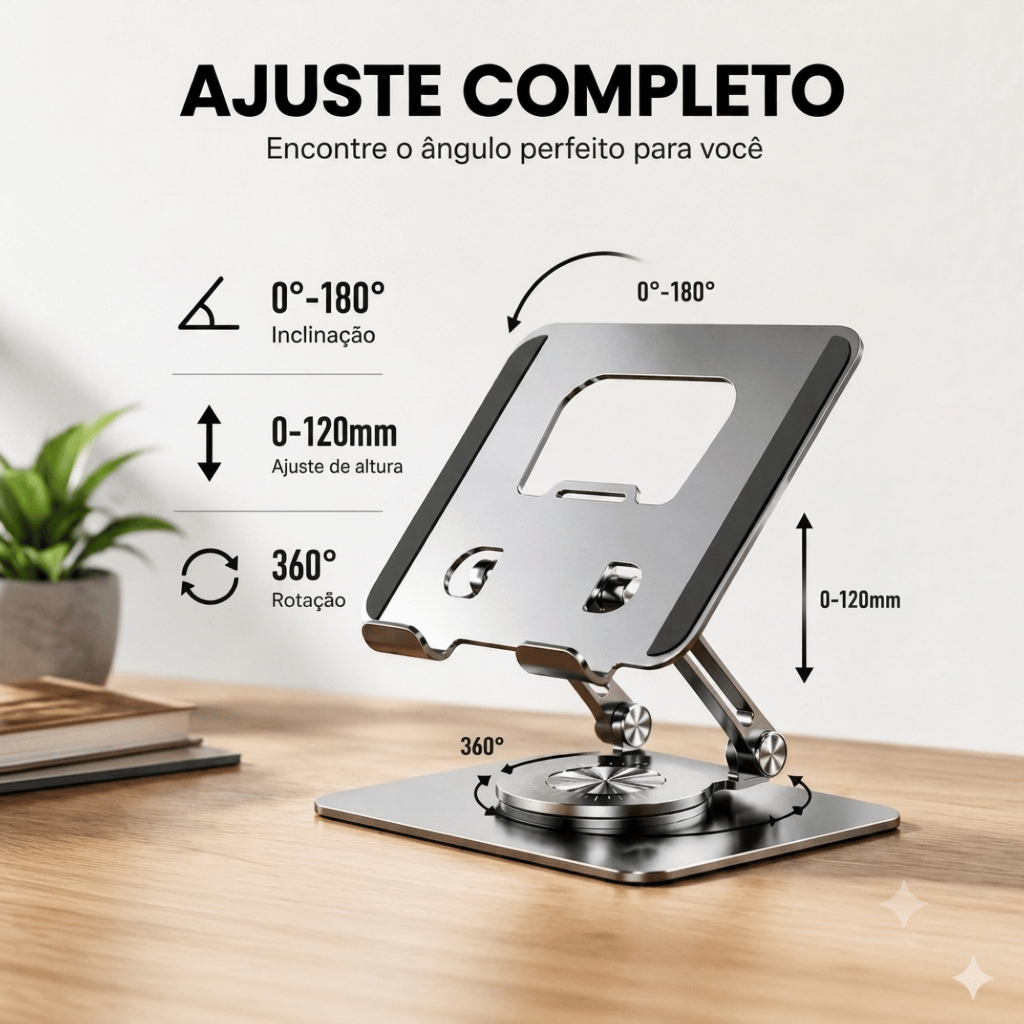 Suporte de Tablet Ajustavel Universal Portatil Suporte Dobrável Alumínio 360° Articulado Ergonômico