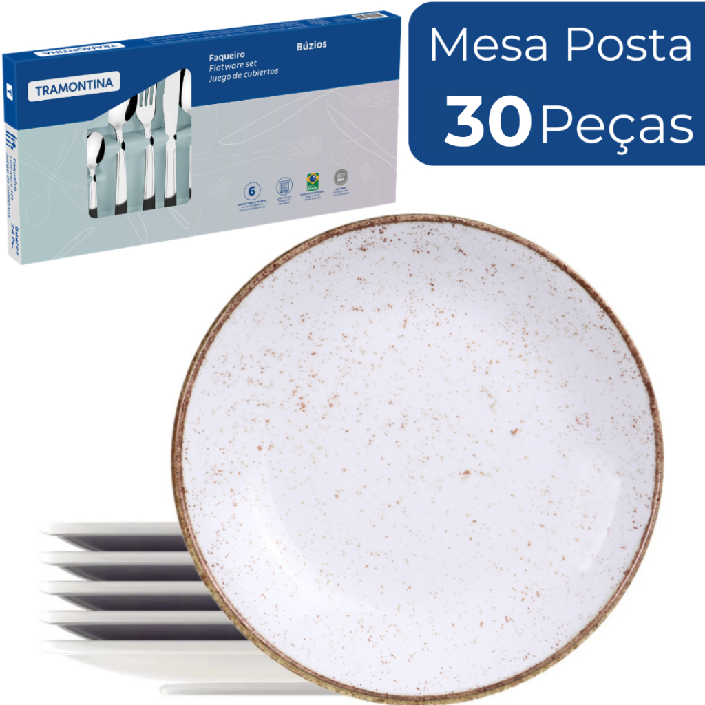 Jogo 30 Peças Pratos com Faqueiro Tramontina Aparelho de Jantar Cerâmica Com Talheres e Pratos Rasos
