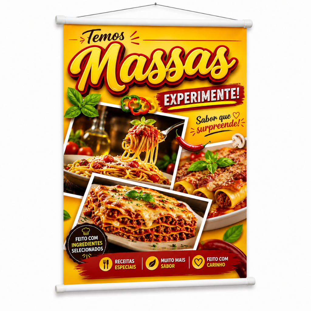 Banner Temos Massas produzido em lona. Cartaz Propaganda Divulgação Restaurante Pizzaria Quiosques.