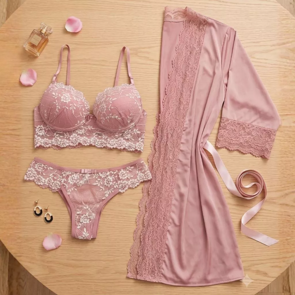 KIT Conjunto Lingerie com Renda Bicolor Com bojo Antonella + ROBE Luxo Romantic com Renda. — imagem 1