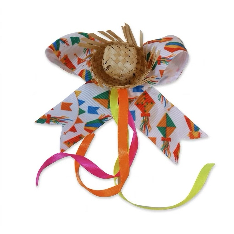 Laço Junino Estampado Com Fitas De Cetim E Mini Chapéu De Palha | | 10x10cm | Lacinho De Cabelo, Festa Junina, São João
