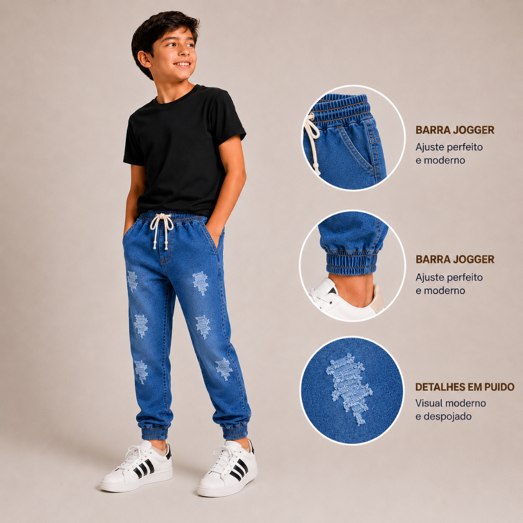 Calça Jogger Jeans e Sarja Brim Infantil, Juvenil Menino Cos Elástico Confortavel