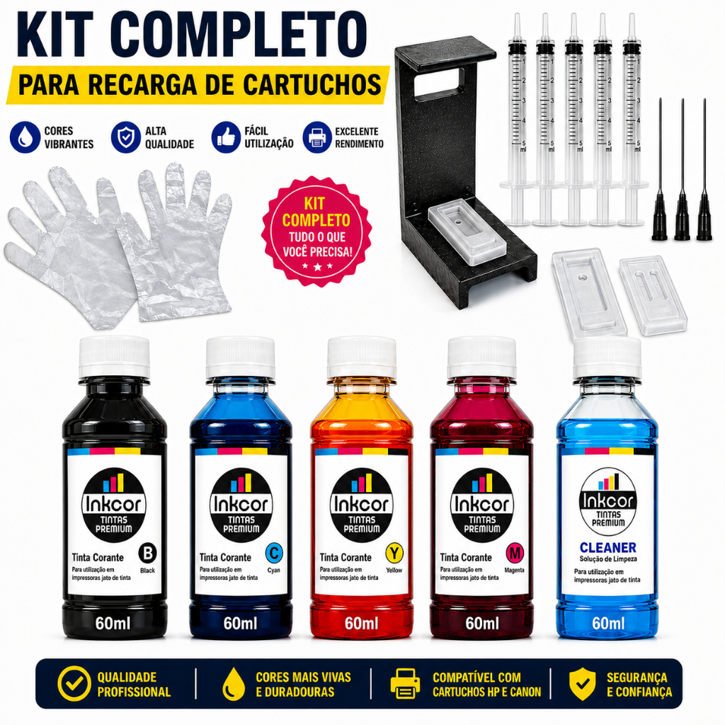 Kit Recarga Cartucho 300ml no Total (60ml cada cor) Inkcor Compatível HP 667 668 662 122 60 664 901