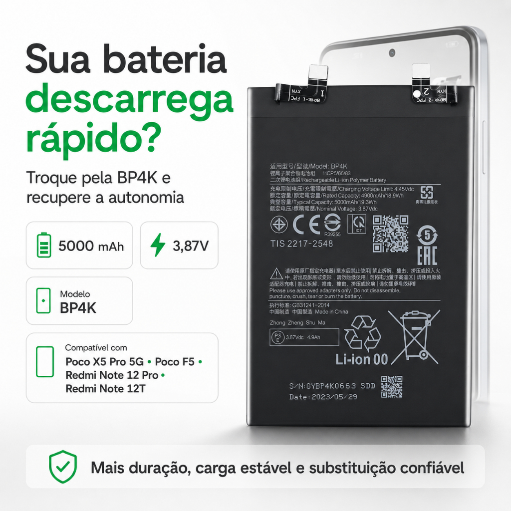 Teste grátis por 30 dias> Bateria BP4K 5000mAh para Poco X5 Pro 5G Poco F5 Redmi Note 12 Pro Note 12T | 3,87V