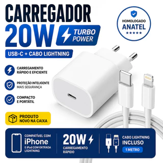 Carregador Turbo Para Iphone 20W USB-C com Cabo Lightning 1m Modelos 11 12 13 14 Pro Max