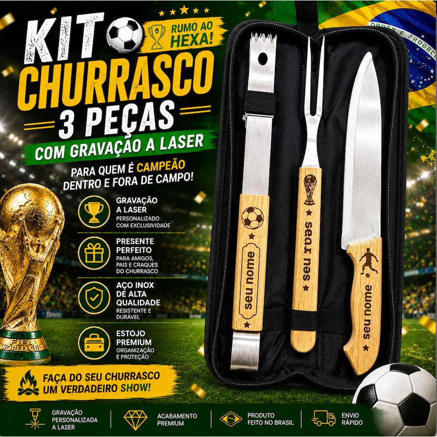 KIT CHURRASCO ESPECIAL BRASIL PERSONALIZADO, KIT FAQUEIRO 3 ITENS, FACA, PEGADOR E GARFO
