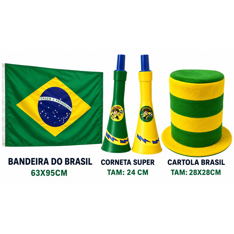 Kit Torcedor Do Brasil Com 3 Itens | Bandeira, Corneta E Cartola | Cenário, Copa Do Mundo, Seleção Brasileira, Torcida