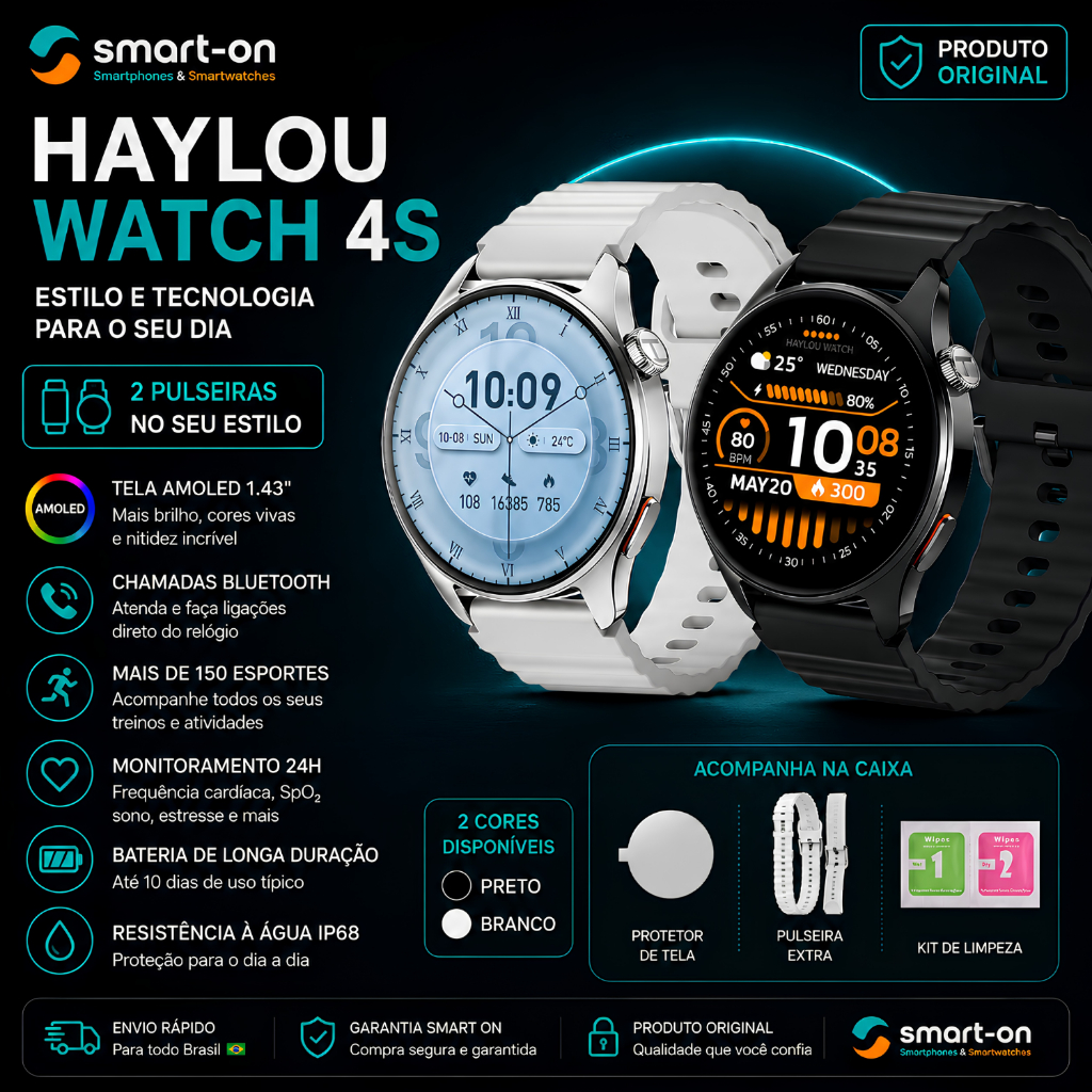 Smartwatch Haylou Watch 4S AMOLED GPS Integrado Chamadas Bluetooth Android iPhone IP68 Original