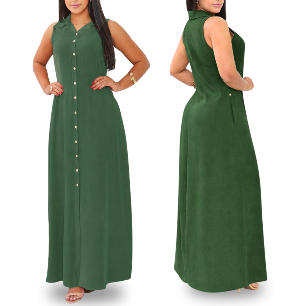 Vestido Longo Feminino Elegante com Botões Frontais Modelagem Premium Sofisticada Sem Manga