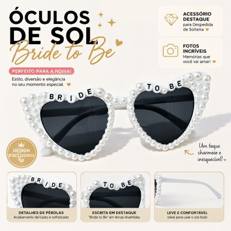Óculos Bride To Be com Pérolas para Despedida de Solteira | Óculos Divertido para Noiva Acessório para Festa