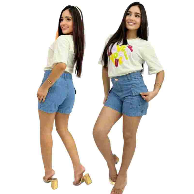 Short Jeans Feminino Infantil Juvenil Cargo Cintura Alta Azul Claro e Escuro Tam 10 ao 16