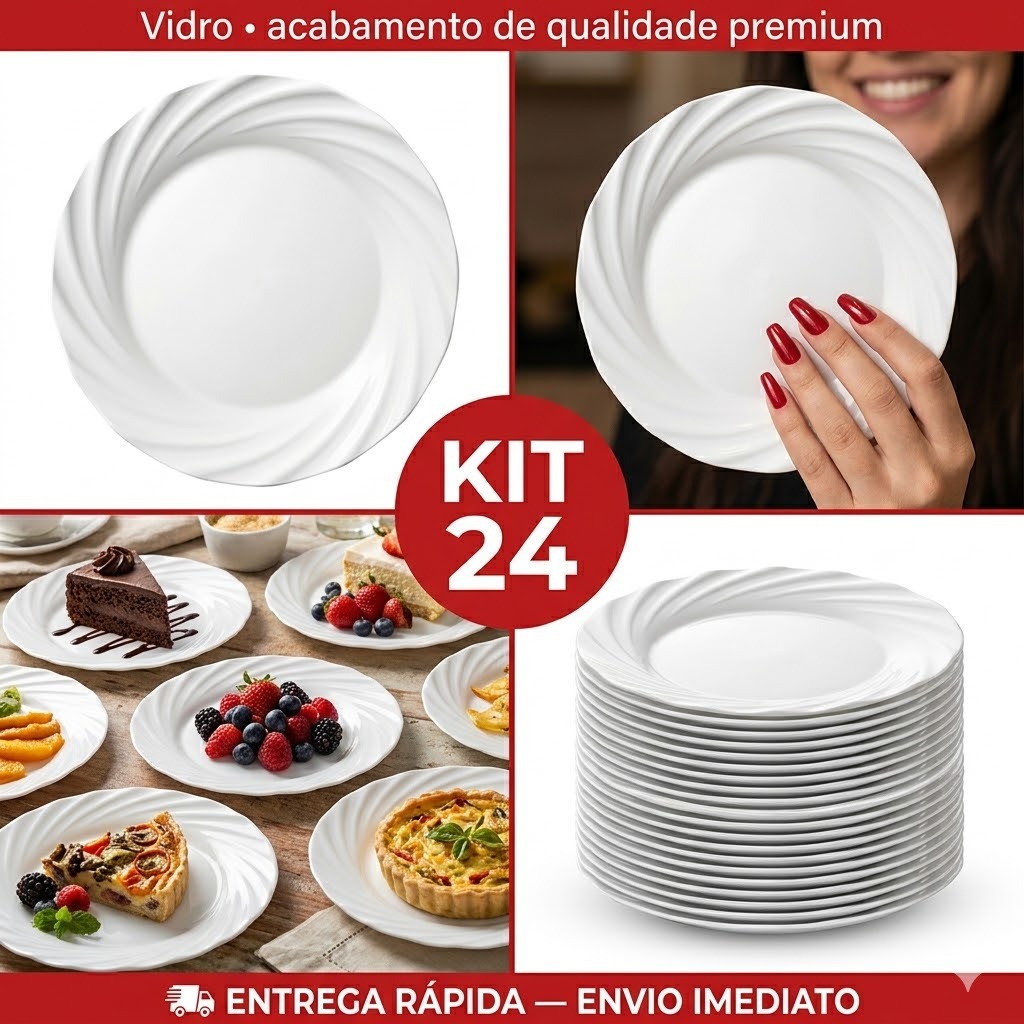 Kit Jogo de 24 Pratos Sobremesa Jasmim 19CM Duralex Conjunto Vidro Branco Brilhante Redondo Opaline