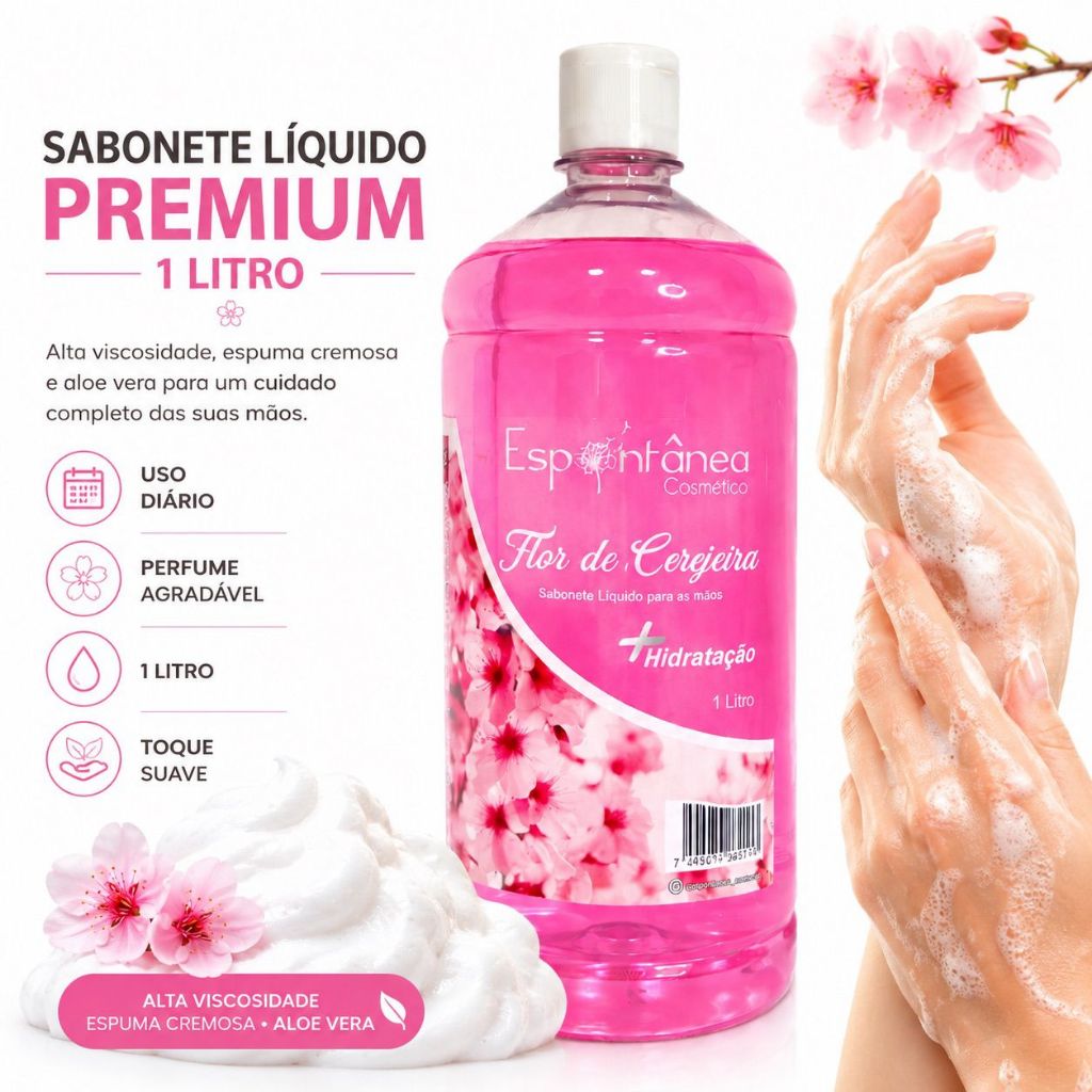 Sabonete Líquido Flor de Cerejeira 1L Premium Aloe Vera Cheiroso Hidratante Alta Viscosidade