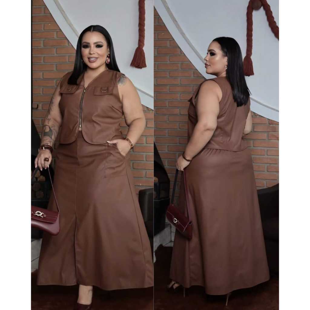Conjunto Femenino  Plus size Colete com Ziper e Saia Longa Couro Premium Elegante