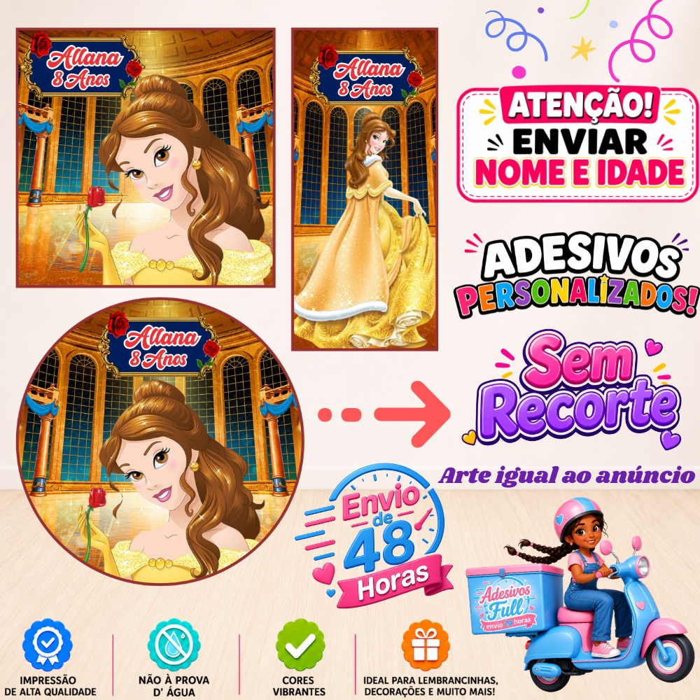 A Princesa Bela - 100/60/40 Adesivos Personalizados Lembrancinhas Festa Aniversário